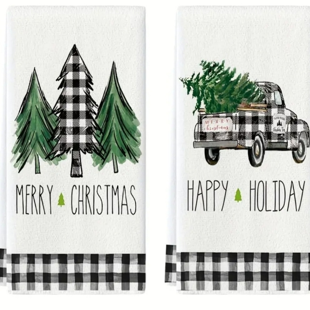 Christmas Kitchen Towels Set of 2, Black & Green  Plaid Xmas Tree Dish Towels.